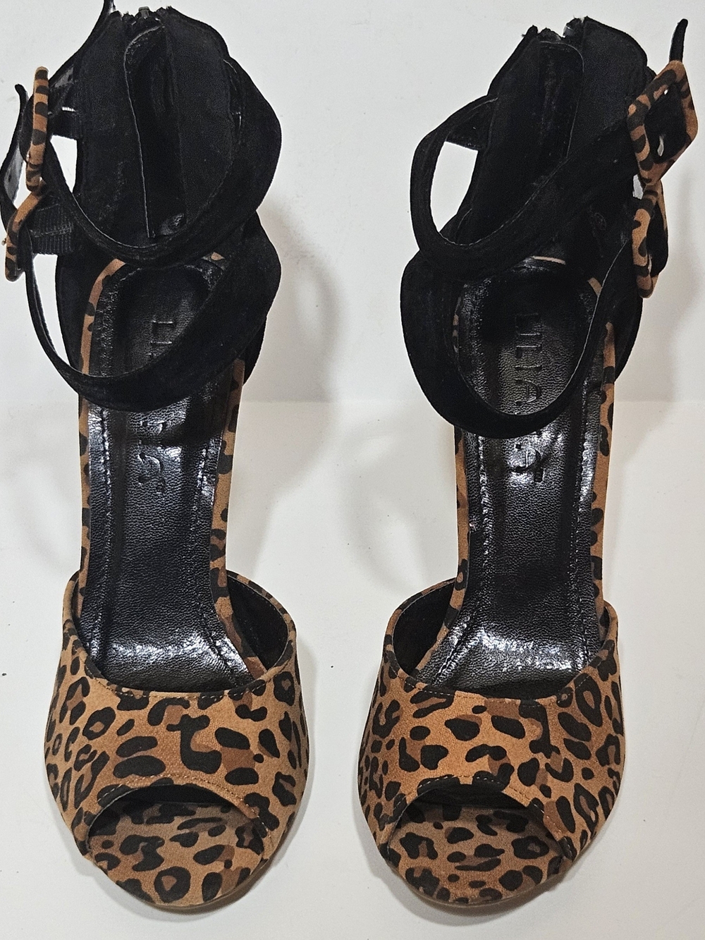 LILIANA Leopard & Black Buckle Ankle Strap Peep-Toe Stiletto Heels (Size 7.5) - Picture 11 of 15
